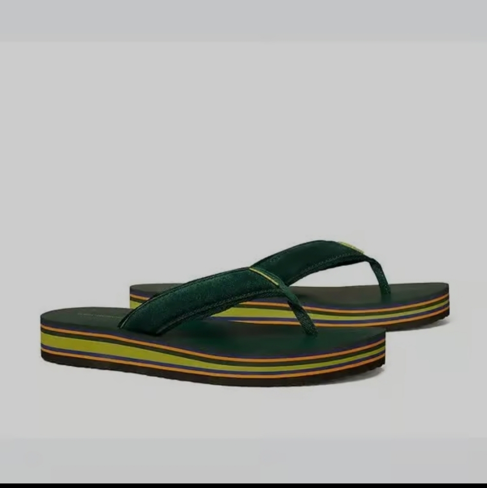 Tory Burch Green Striped Platform Flip-Flops